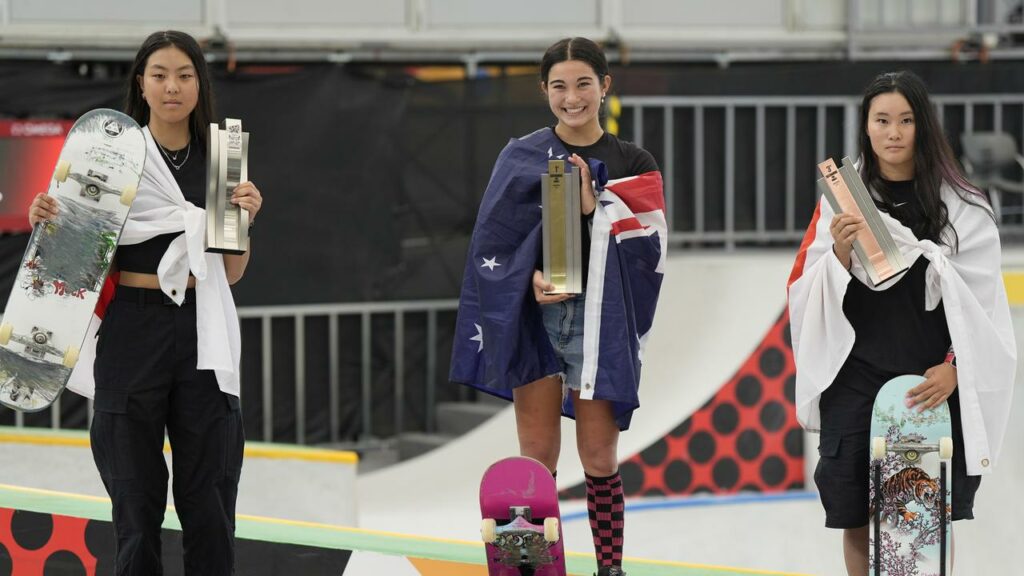 Australia’s Arisa Trew (centre) claimed gold in the women’s park final in Shanghai.