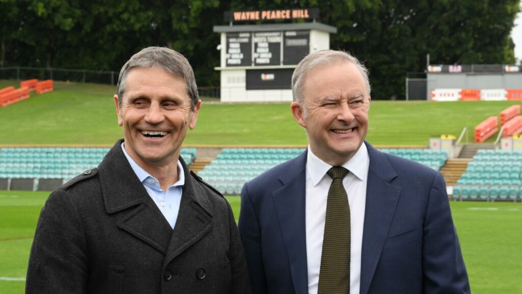 Prime Minister Anthony Albanese with NRL great Wayne Pearce at Leichhardt Oval.