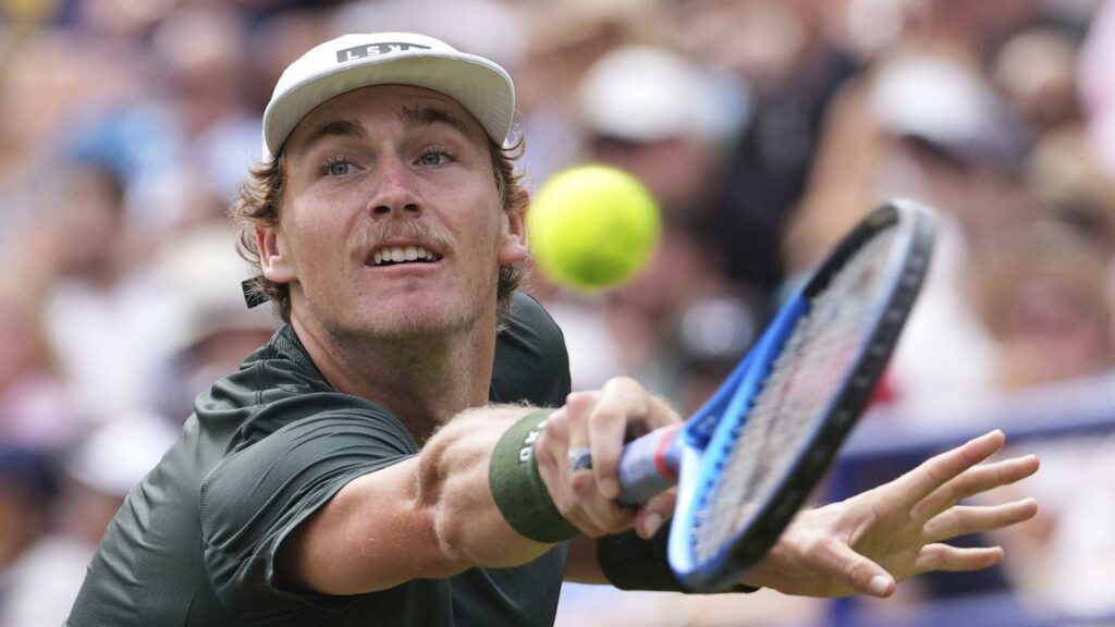 Australian hope Max Purcell was outgunned in his first ATP final in Eastbourne.