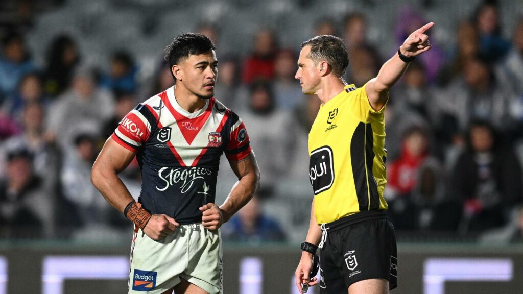 Roosters centre Fetalaiga Pauga gets his marching orders against Canterbury.