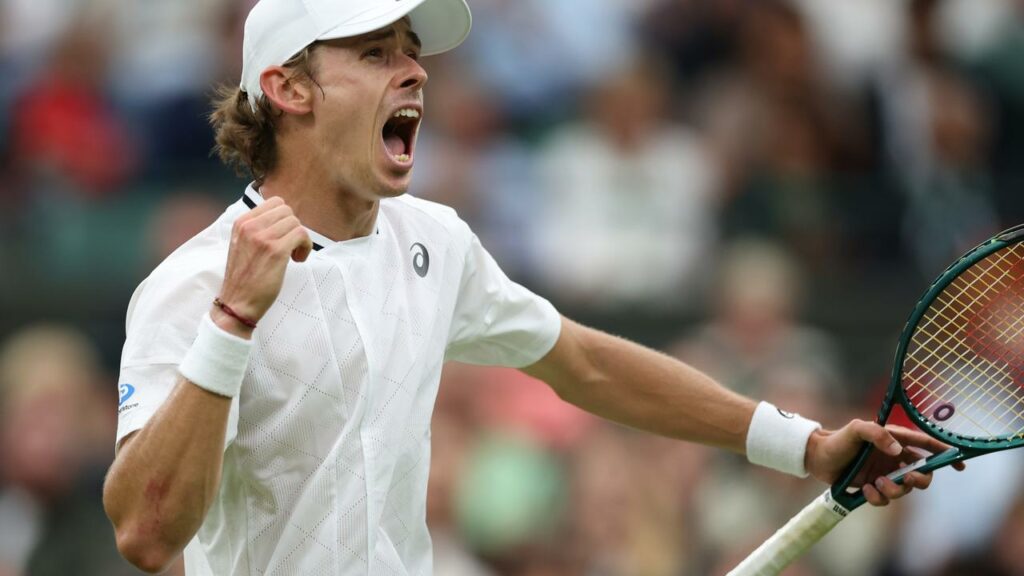 Australia’s Alex de Minaur celebrates a point on the way to a four-set victory over Arthur Fils.
