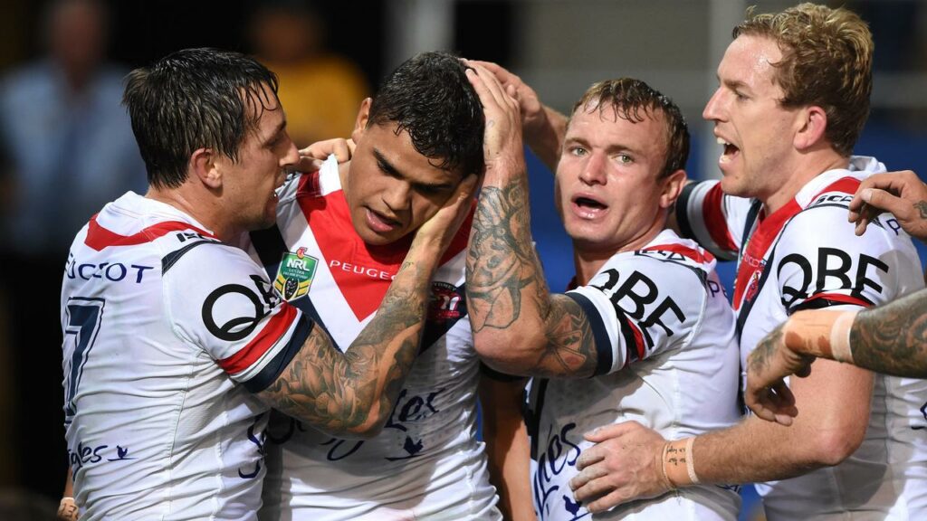 Mitchell Pearce (l) wants the person who took the pic of ex-teammate Latrell Mitchell (2-l) probed.