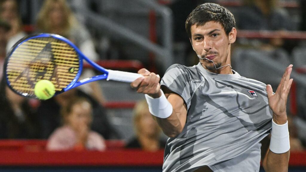 Alexei Popyrin in action as he beat Sebastian Korda in the Montreal Masters semi-finals.