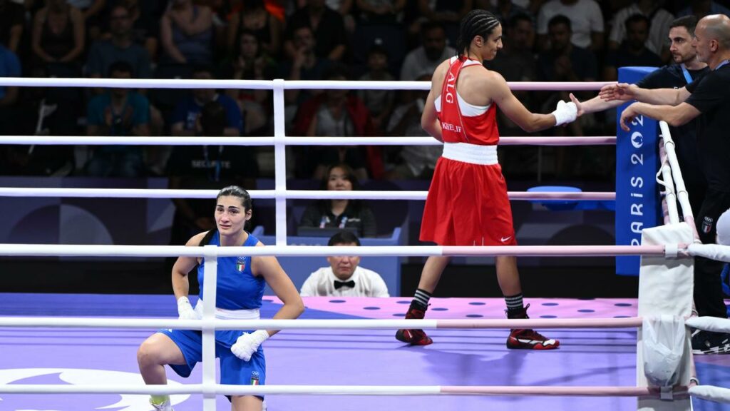 Angela Carini (L) and Imane Khelif after their Games boxing bout ended abruptly in the first round.