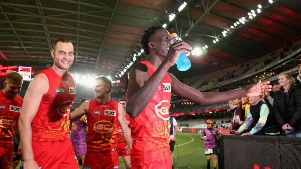 Mac Andrew (right) celebrates with Suns fans after booting the winning goal against Essendon.