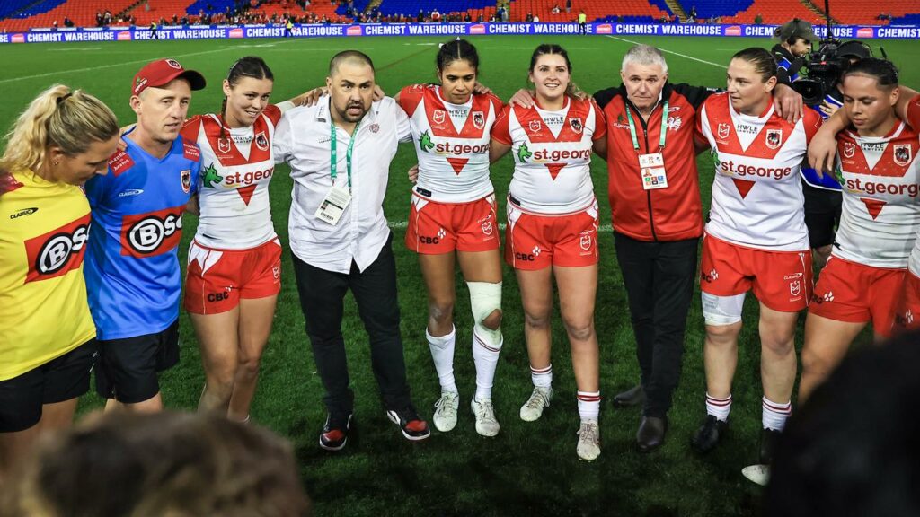 Jamie Soward (4-l) will continue to coach the Dragons’ NRLW team until the end of this season.