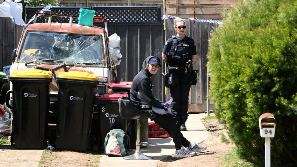 Police have shot dead three dogs that mauled a woman in the backyard of a Melbourne home.
