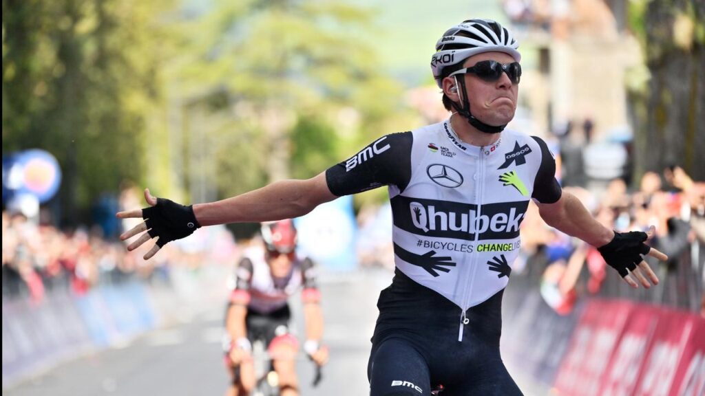 Mauro Schmid has won the Cadel Evans Great Ocean Road Race, with help from Australia’s Chris Harper.
