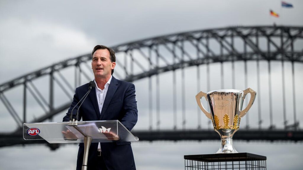 AFL CEO Andrew Dillon speaks at the Opening Round launch in Sydney.
