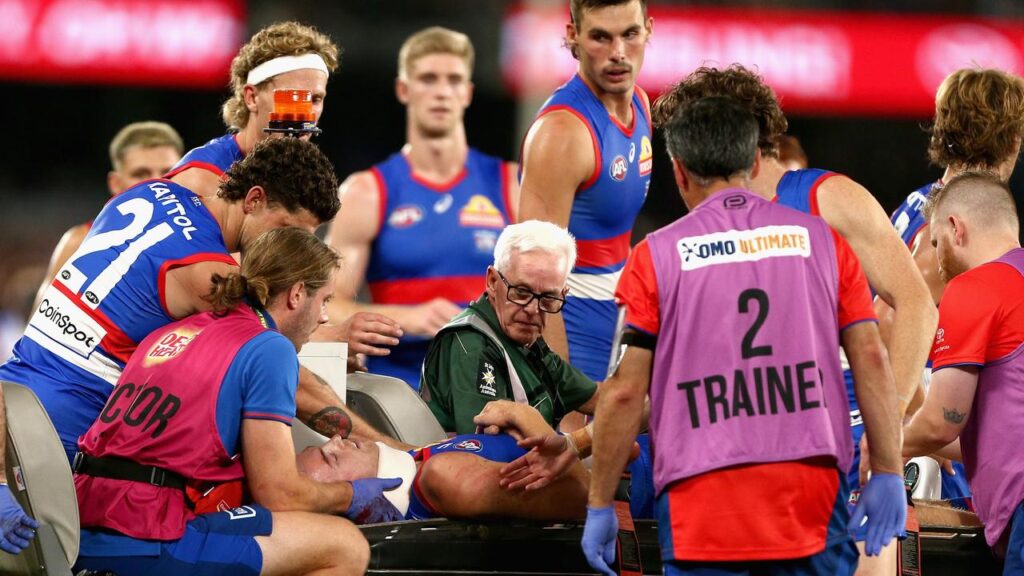 The Bulldogs’ Luke Cleary being carried off the field after his collision with Jackson Archer.