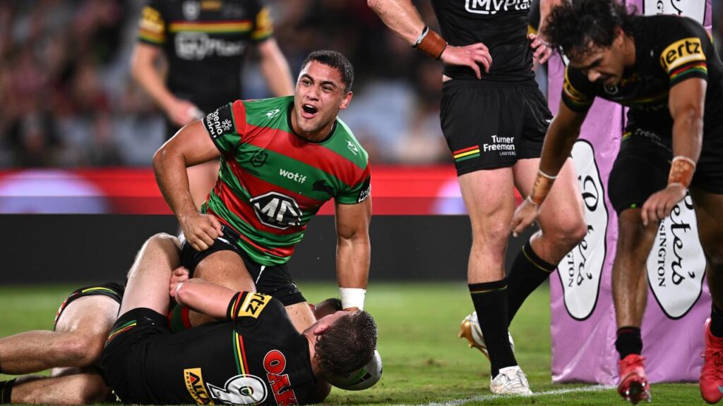 South Sydney’s Davvy Moale celebrates his try as the Rabbitohs upset Penrith.
