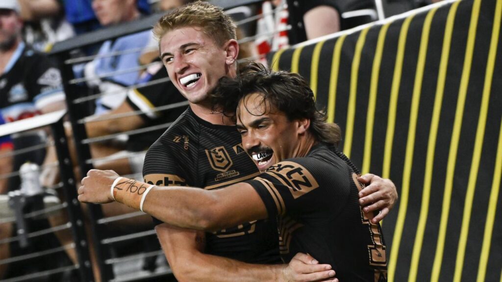 Jack Cole (L), enjoying Penrith’s match-sealer with Daine Laurie, did enough for another go at No.6.
