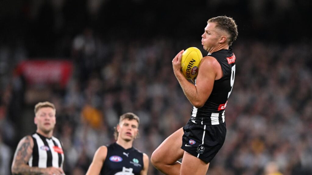 Dan Houston (r) is again facing match review scrutiny after helping Collingwood to defeat Carlton.