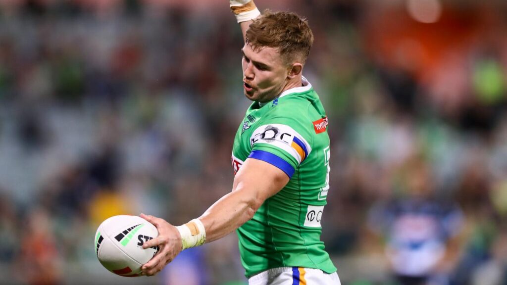 Hudson Young celebrates his try in the Raiders’ win over Cronulla at Canberra’s GIO Stadium.
