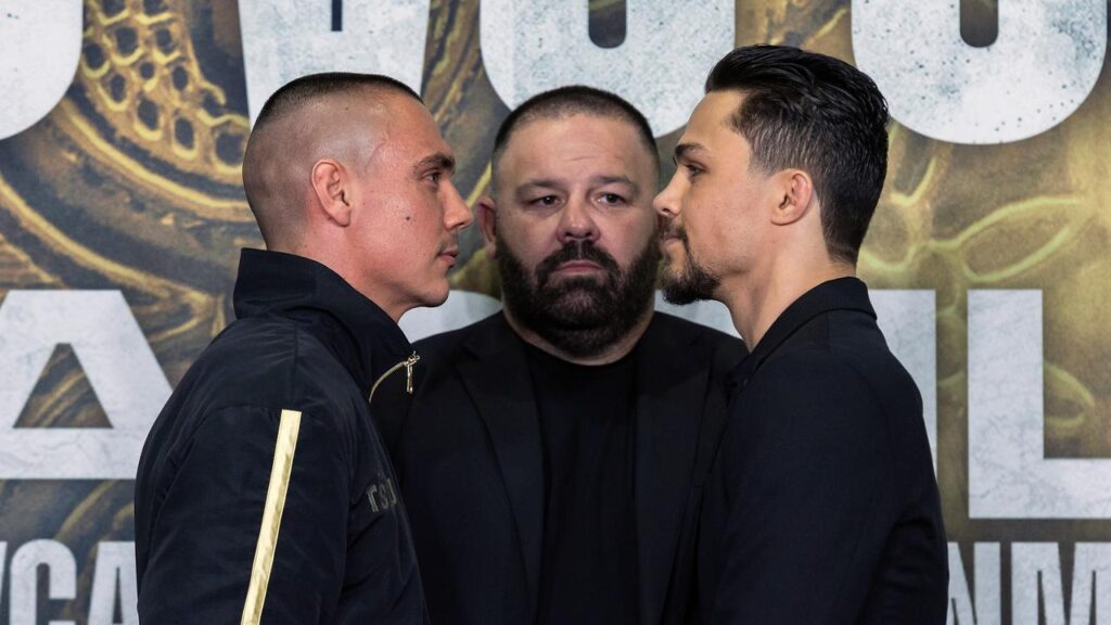 It got testy between Tim Tszyu (l) and Joey Spencer at Friday’s pre-fight press conference.

