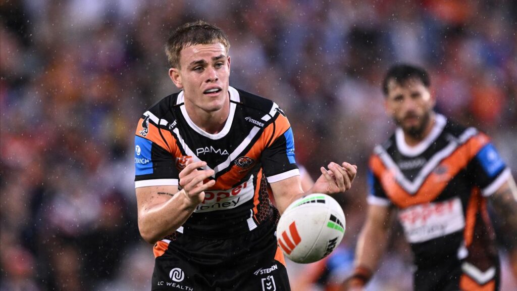Young gun Lachlan Galvin will partner with Latu Fainu for only the third time for Wests Tigers.
