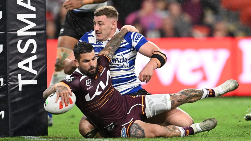 Brisbane’s Adam Reynolds suffered a shoulder injury scoring this try in a big win over Canterbury.