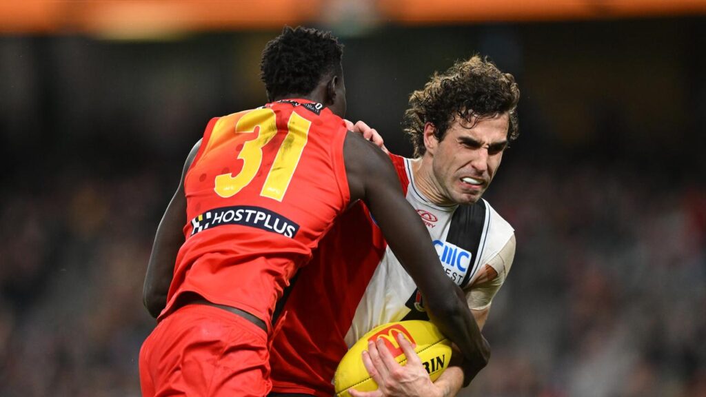 St Kilda key forward Max King (R) is unlikely to return to the AFL until late this season.