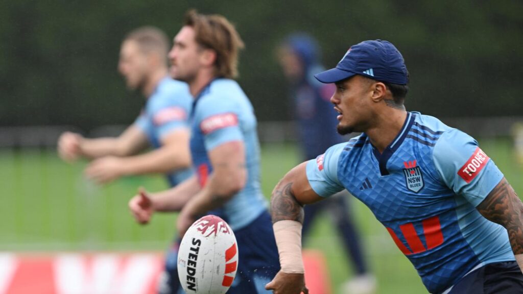 Spencer Leniu goes through a drill at the Blues’ training camp in the Blue Mountains.