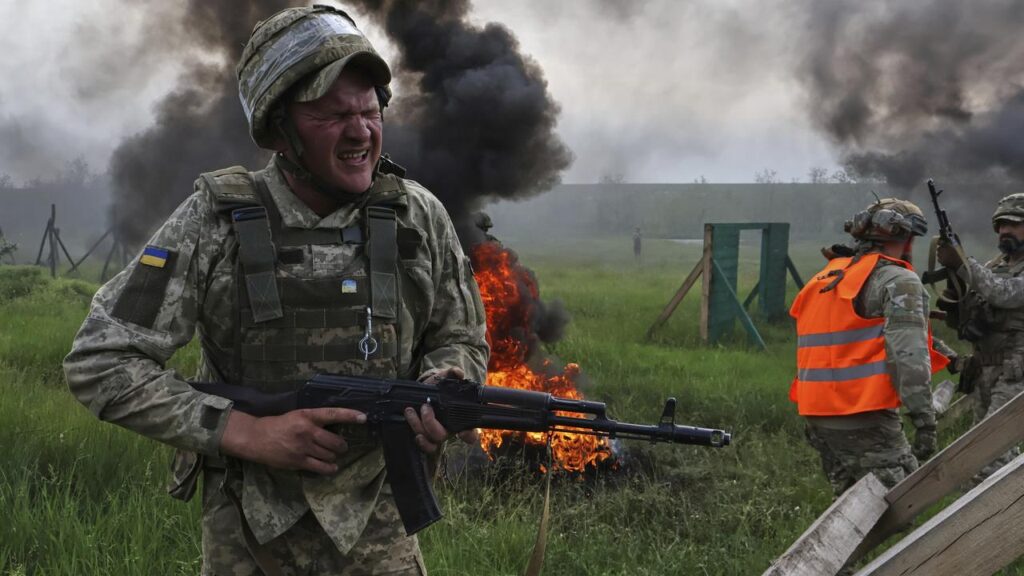 Ukrainian servicemen attend military training in the Zaporizhzhia region, Ukraine.
