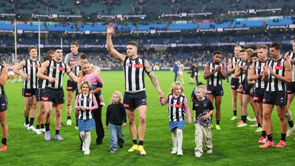 His family and teammates all got round Magpies’ Jack Crisp after his crushing last-kick anti-climax.