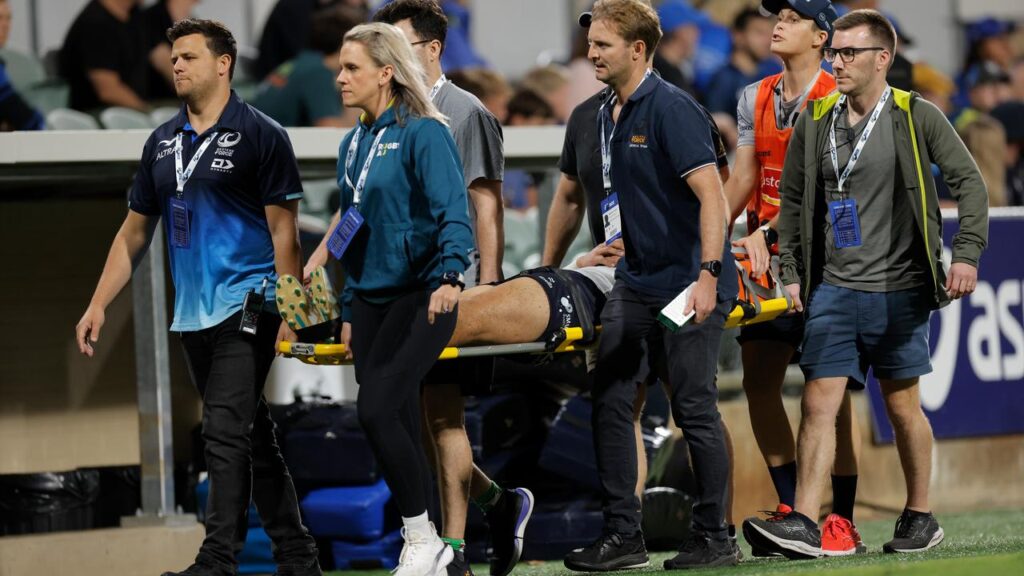Brumbies star Noah Lolesio is taken from the field after being injured against the Western Force.