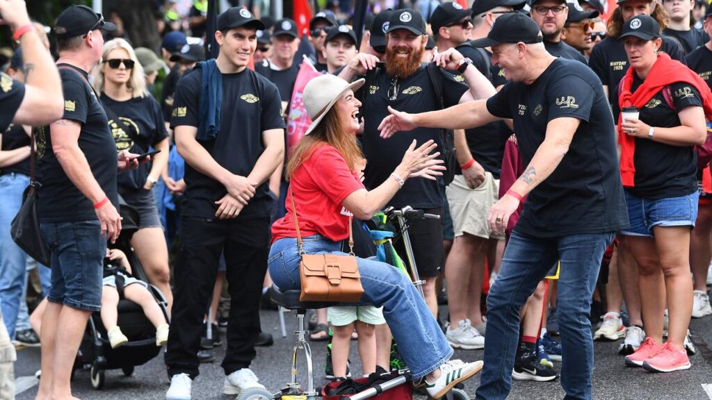Ali France joined union members at a Labour Day rally after her historic defeat of Peter Dutton.
