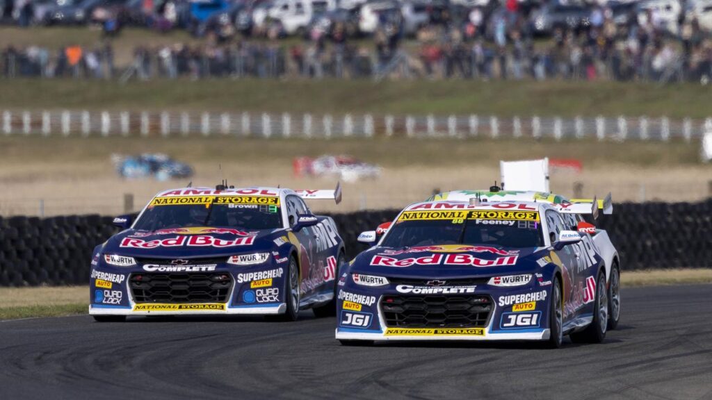 Broc Feeney (R) has taken the Supercars Championship lead with wins in Tasmania.