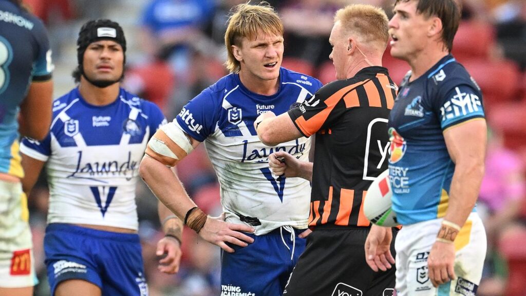 Canterbury forward Jacob Preston (centre) faces a long ban for a crusher tackle against Gold Coast.