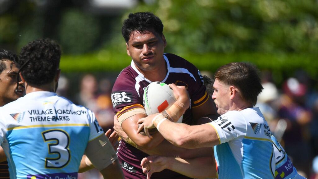 Brisbane giant Ben Te Kura (centre) is waiting for a chance to play his first NRL game of 2025.