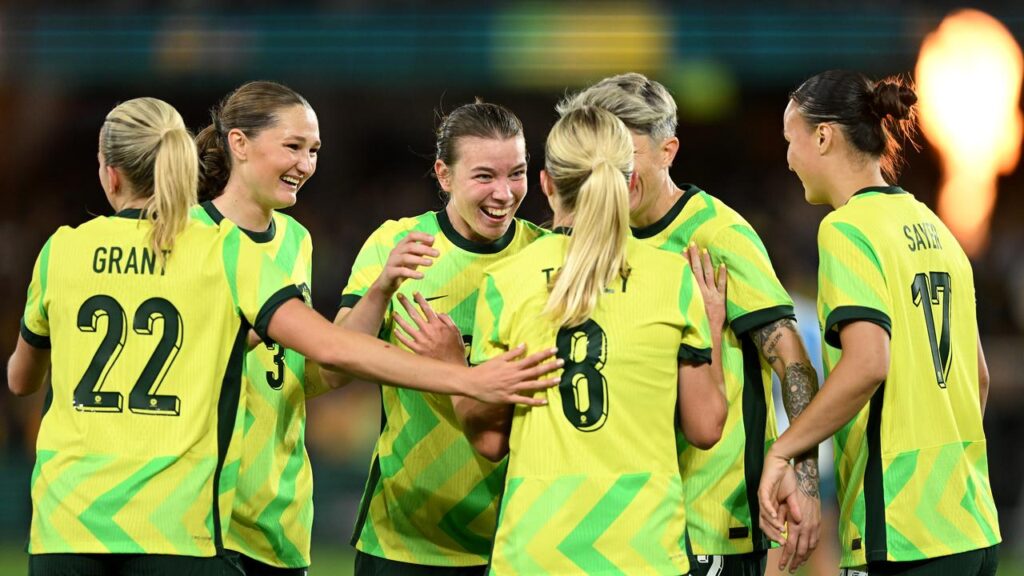 The Matildas have beaten Argentina 2-0, with Kahli Johnson (centre) scoring on debut.