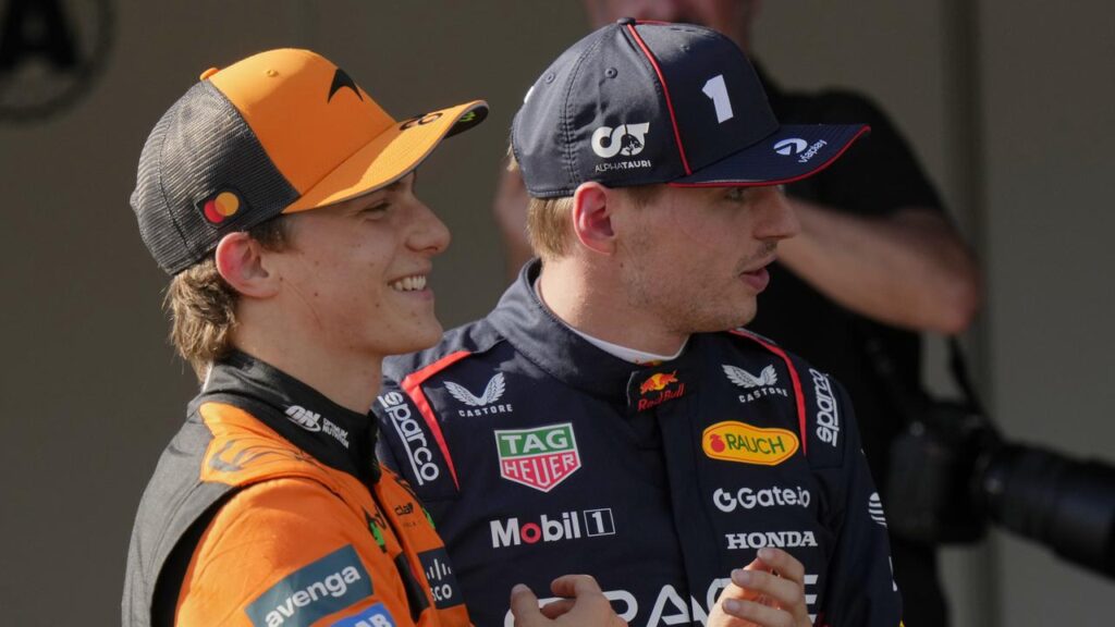 McLaren’s Oscar Piastri with Max Verstappen after the Aussie beat the world champ to pole in Imola.
