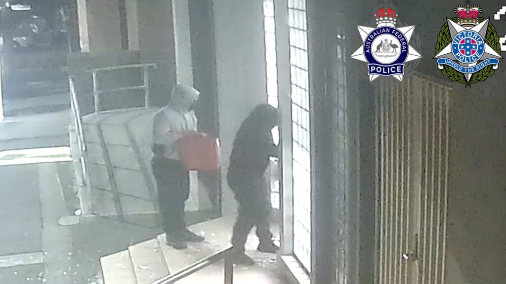 CCTV images showed the alleged criminals with jerry cans at the Adass Israel Synagogue in Melbourne.