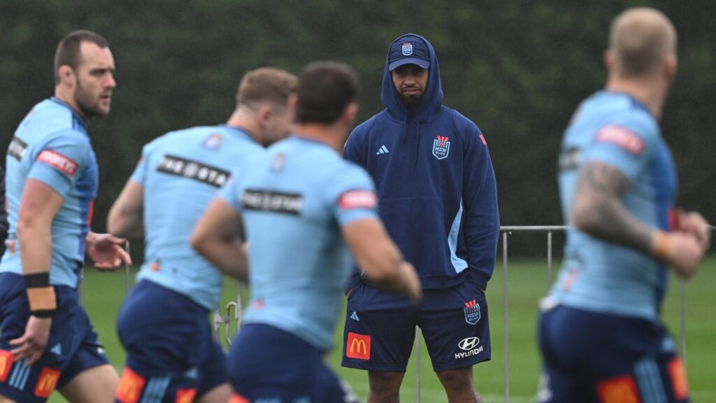 Payne Haas has watched his NSW teammates’ opening training session ahead of Origin I.