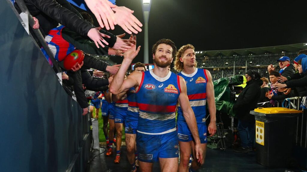 The Bulldogs head off the ground after they beat the Cats at GMHBA Stadium in 2024.