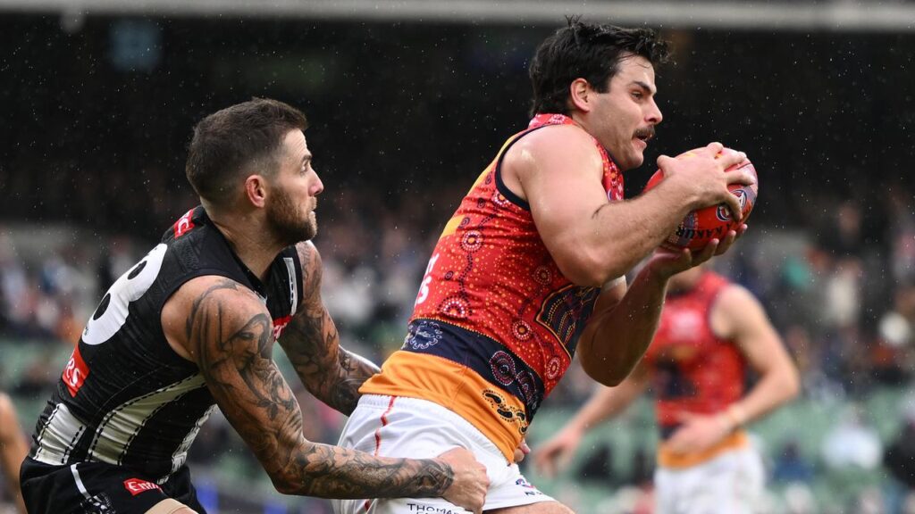 Magpie defender Jeremy Howe (left) had his hands full with bullocking Crows forward Darcy Fogarty.