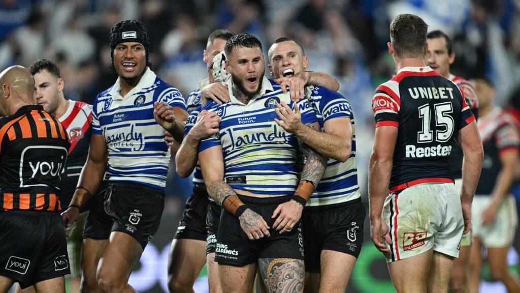 The Bulldogs are celebrating a stunning comeback win over the Sydney Roosters.
