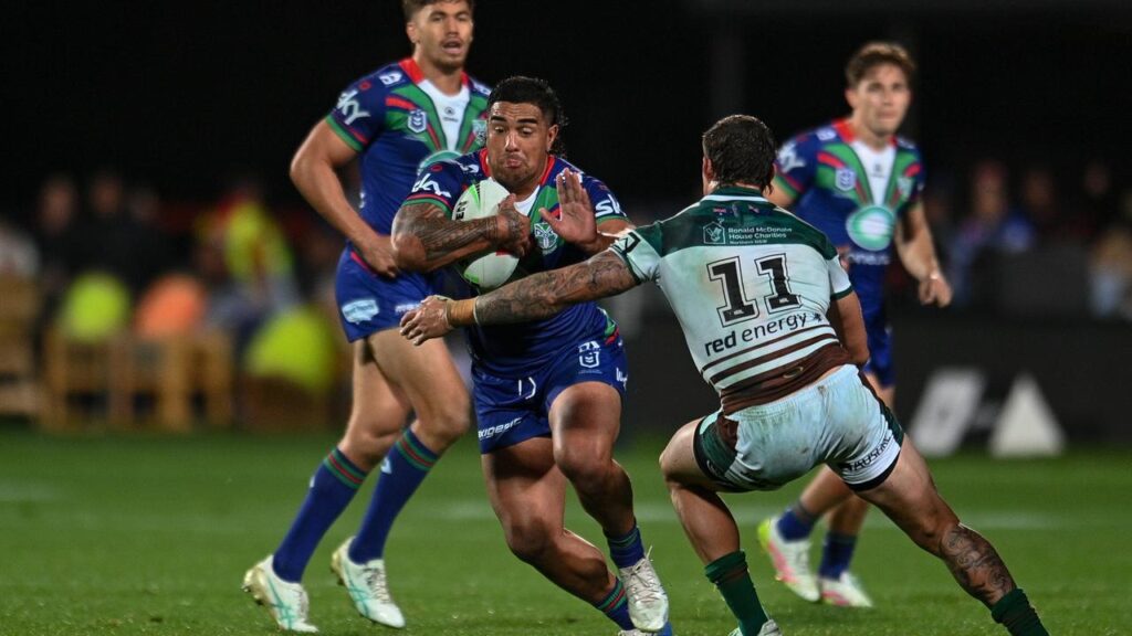 Erin Clark carries the ball for Warriors for whom he has become one of NRL’s buys of the season.