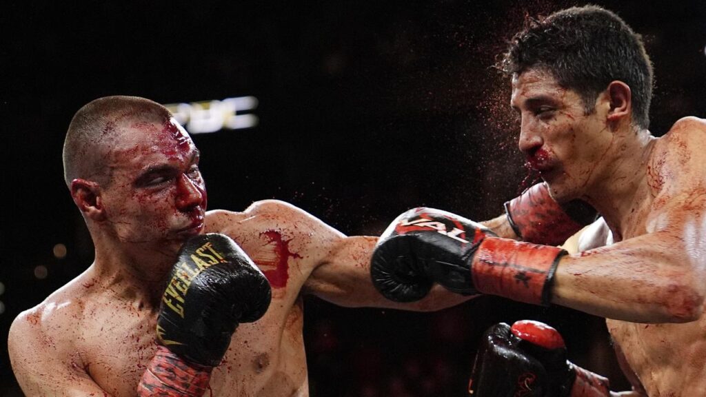 A stray elbow led to a bloodied face for Tim Tszyu in his previous battle with Sebastian Fundora.