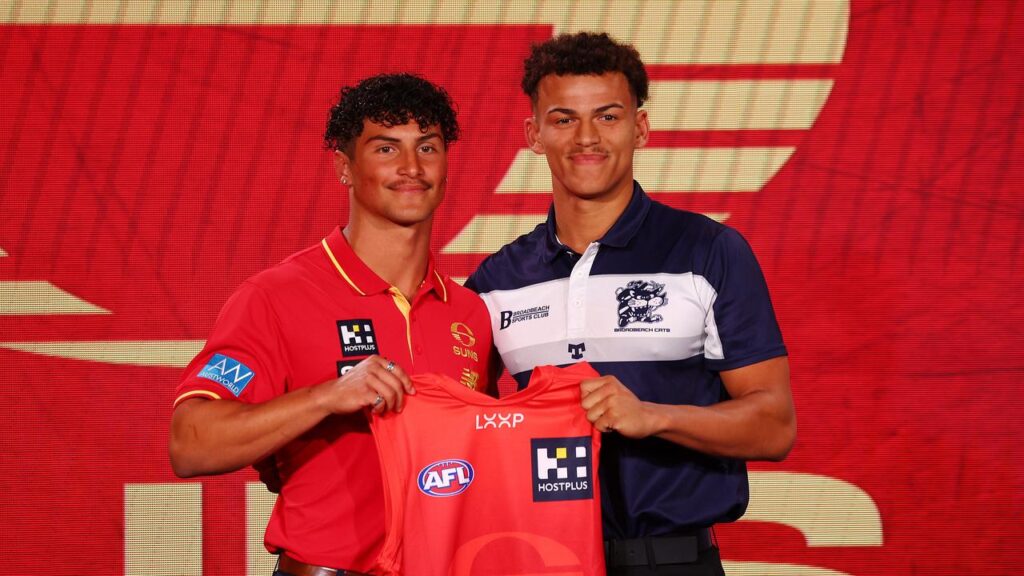 The promising Leo Lombard (l) will finally make his AFL debut for Gold Coast against Fremantle.