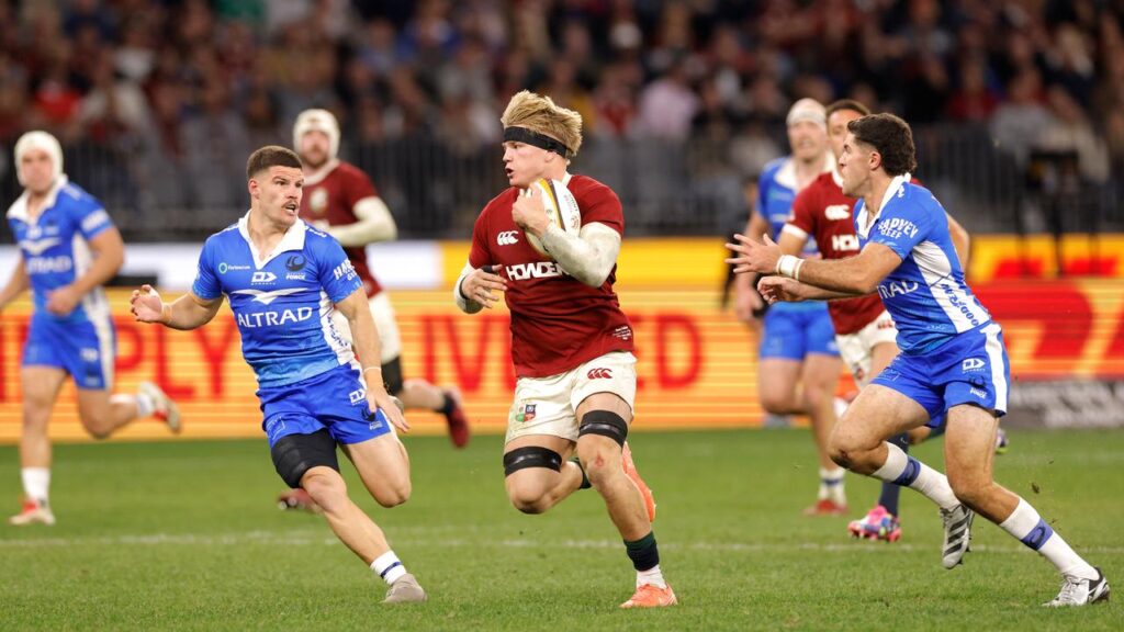 Young gun No.8 Henry Pollock (c) was a standout as the touring Lions trounced the Western Force.