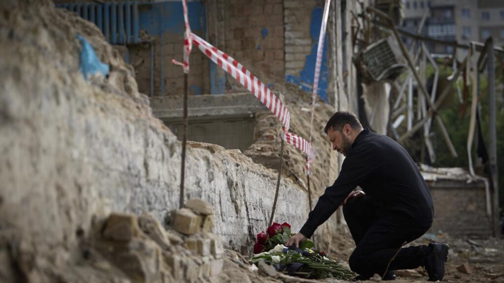 President Volodymyr Zelenskiy visited destroyed Kyiv apartment building where 23 people died.