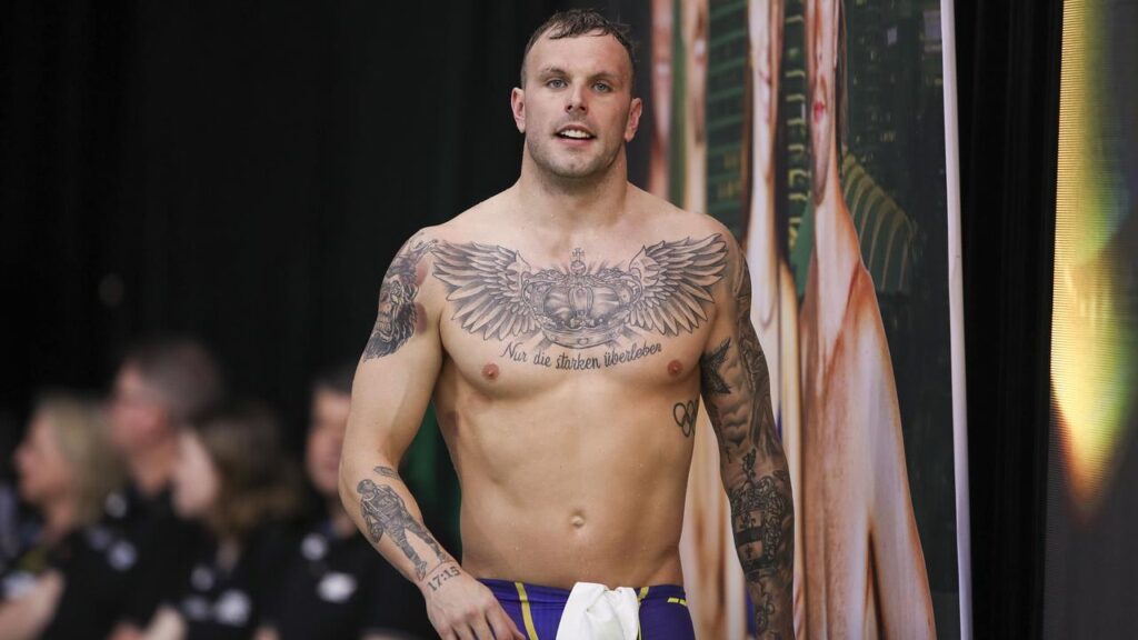 Kyle Chalmers looks content after another blistering time in the men’s 100m freestyle.