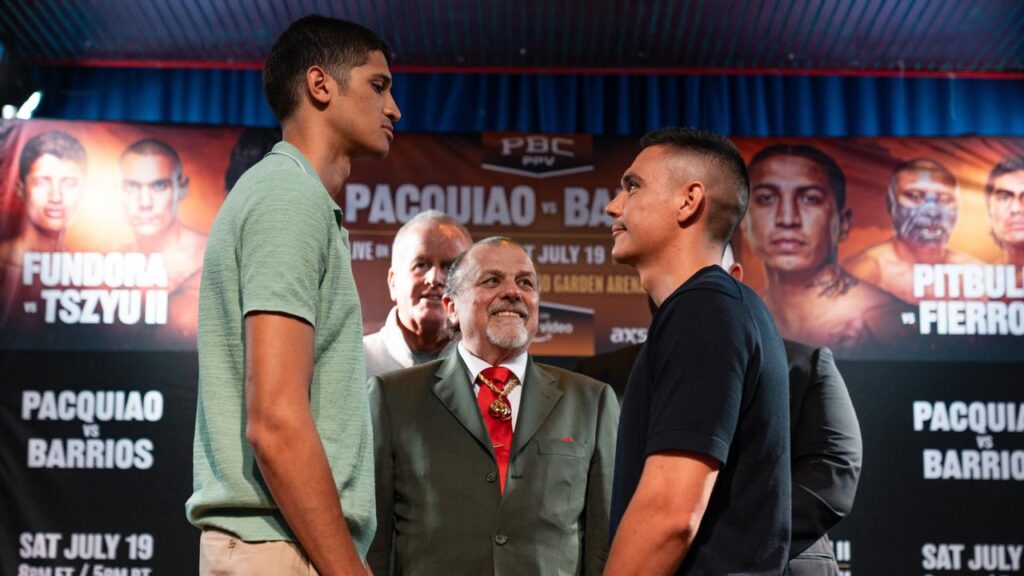 Sebastian Fundora and Tim Tszyu have come face to face in Las Vegas to promote their next ‘war’.