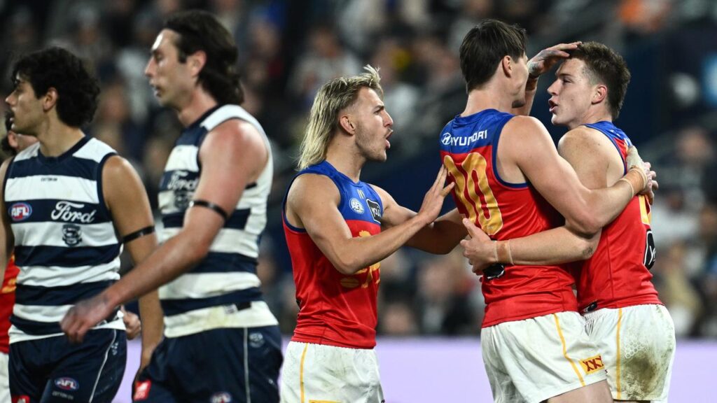 Brisbane have stunned Geelong, winning at GMHBA Stadium for the first time in more than two decades.