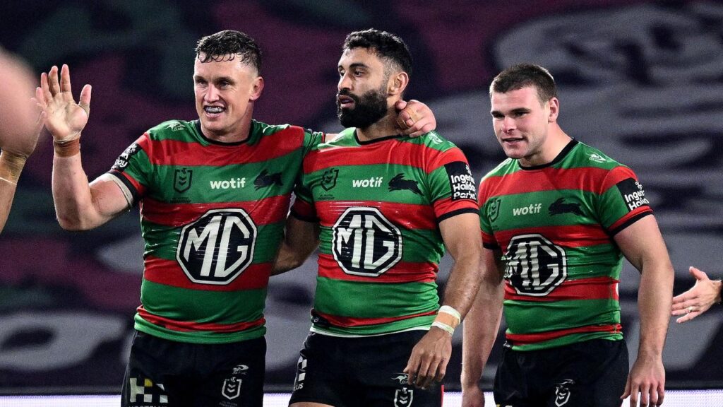 Alex Johnston (c) grabbed four tries in the Rabbitohs’ golden-point loss to Melbourne Storm.