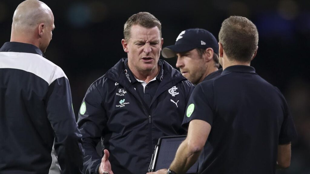 Carlton coach Michael Voss cut a worried figure during his side’s horror loss to Port Adelaide.