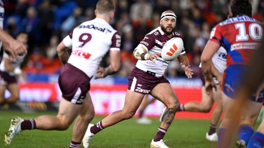 Manly’s Jazz Tevaga (centre) has signed a two-year deal with Super League side Wakefield Trinity.