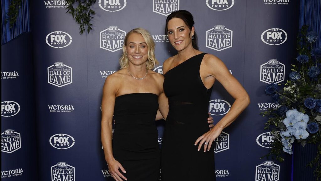 Erin Phillips (left), with wife Tracy Gahan, has entered the Australian Football Hall of Fame.