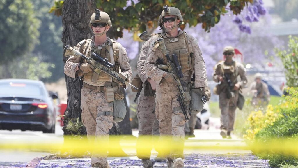 Hundreds of Marines are protecting a federal building in LA amid protests over immigration raids.